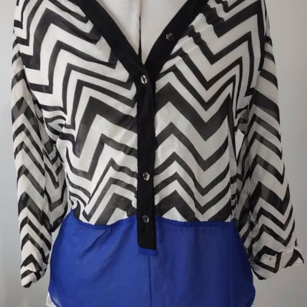 Blouse Small I.N. San Fransico  3/4 Sleeve Black White Blue Sheer Blouse C5532